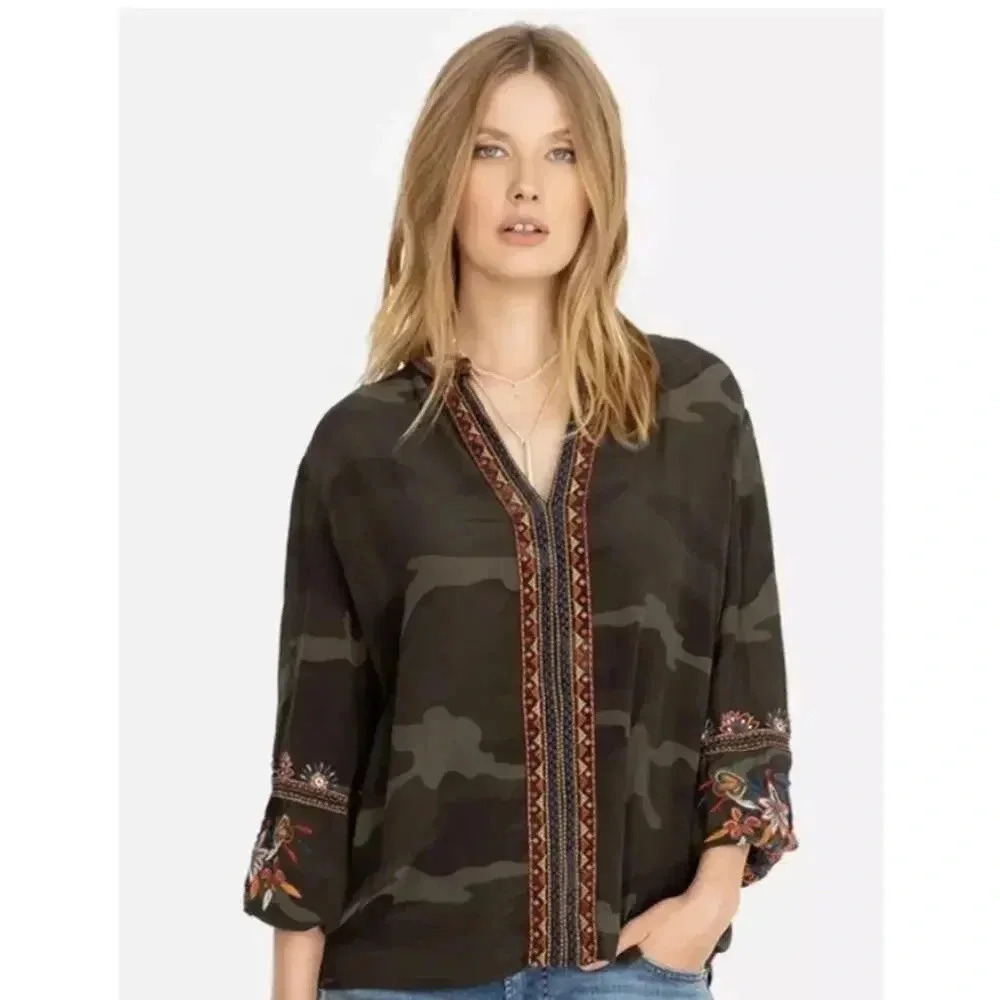 JOHNNY WAS Laila Paris Embroidered Effortless Silk Camo Blouse Top S